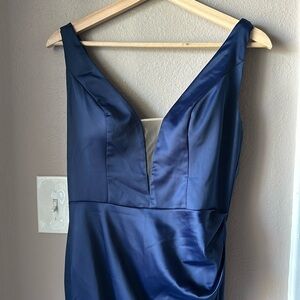 GALINA Signature Navy Blue Drape Back Sleeveless Illusion Neck Gown with Train